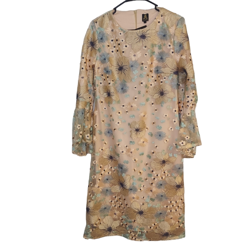 Daniella Faye Embroidered Overlay Bell-Sleeve Modest Dress NWT Size L